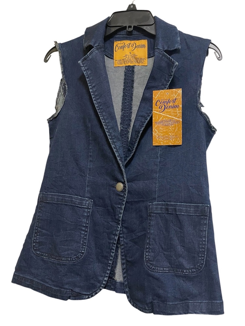 COMFORT DENIM VEST JACKET LAPEL SINGLE FRONT BUTTON WOMEN SLEEVELESS BLUE SMALL
